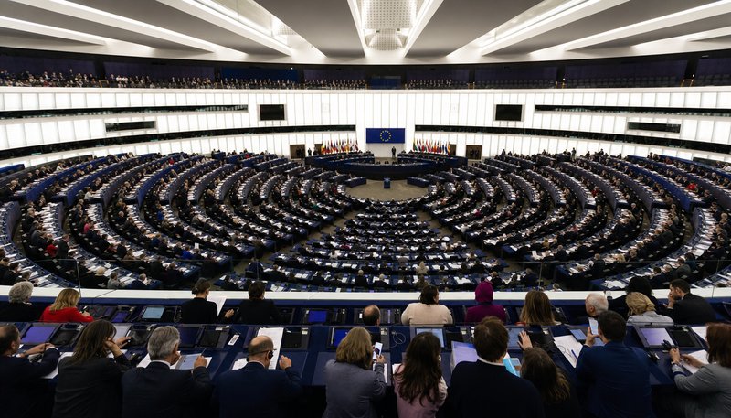 European Parliament chamber in Strasbourg with semicircular seating arrangement